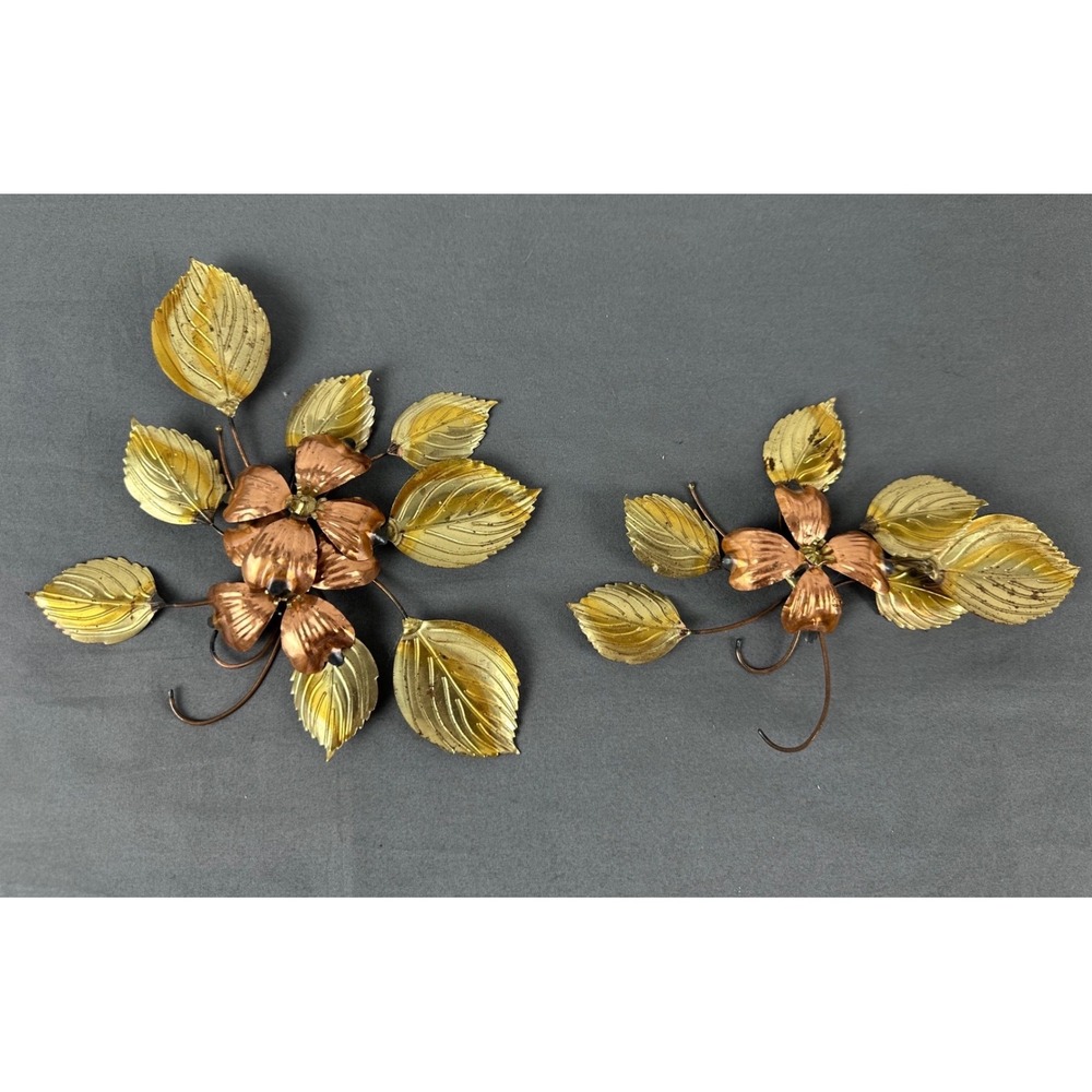 2 Vtg Home Interiors Dogwood Flowers & Leaves Brass Copper Metal Wall Sculptures